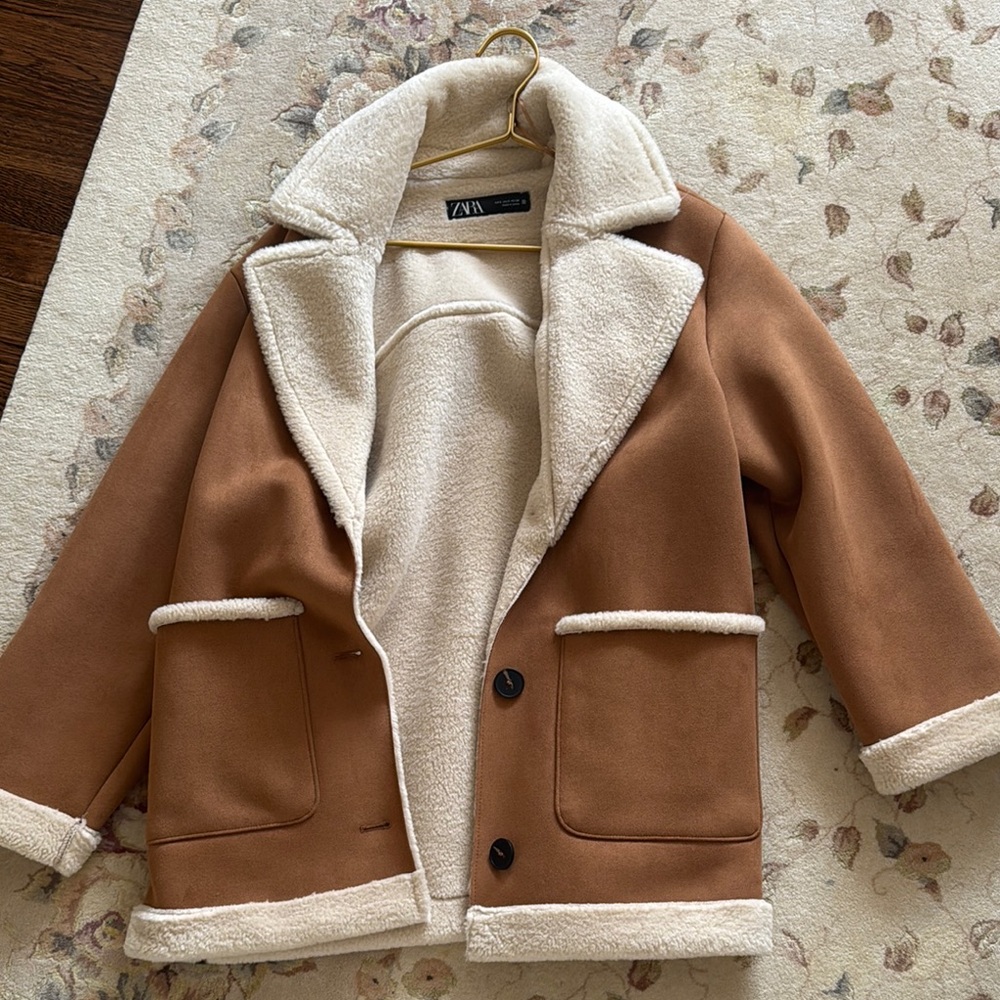 Zara Brown and Cream Pea Coat with Luxurious Suede Finish